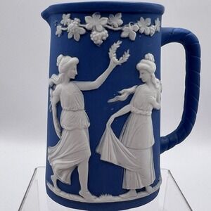 Jasperware Small Pitcher Creamer Vase Blue White Greek Ladies Pottery Vtg